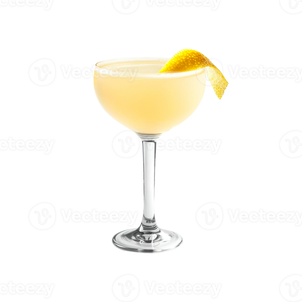 Bees Knees cocktail with lemon twist garnish transparent isolated background. Mixology, bar menu, colorful vibrant refreshing drink in coupe saucer glass png