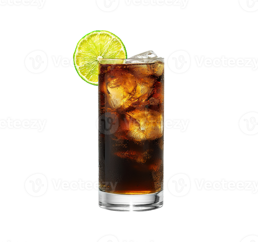 Cuba Libre cocktail with lime wheel garnish transparent isolated background. Mixology, bar menu, colorful vibrant refreshing drink in highball glass, cold png