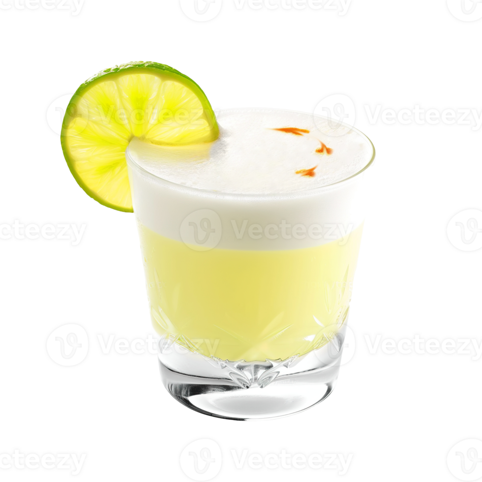 Pisco Sour cocktail with lime wheel garnish transparent isolated background. Mixology, bar menu, colorful vibrant refreshing drink in old fashioned glass png