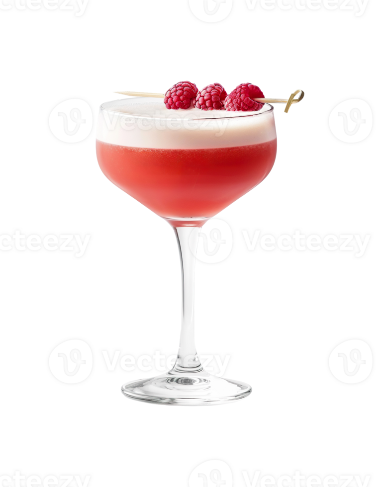 Clover Club cocktail with raspberry garnish transparent isolated background. Mixology, bar menu, colorful vibrant refreshing drink in coupe saucer glass png
