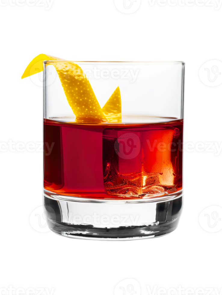 Sazerac cocktail with lemon twist garnish transparent isolated background. Mixology, bar menu, colorful vibrant refreshing drink in old fashioned glass png