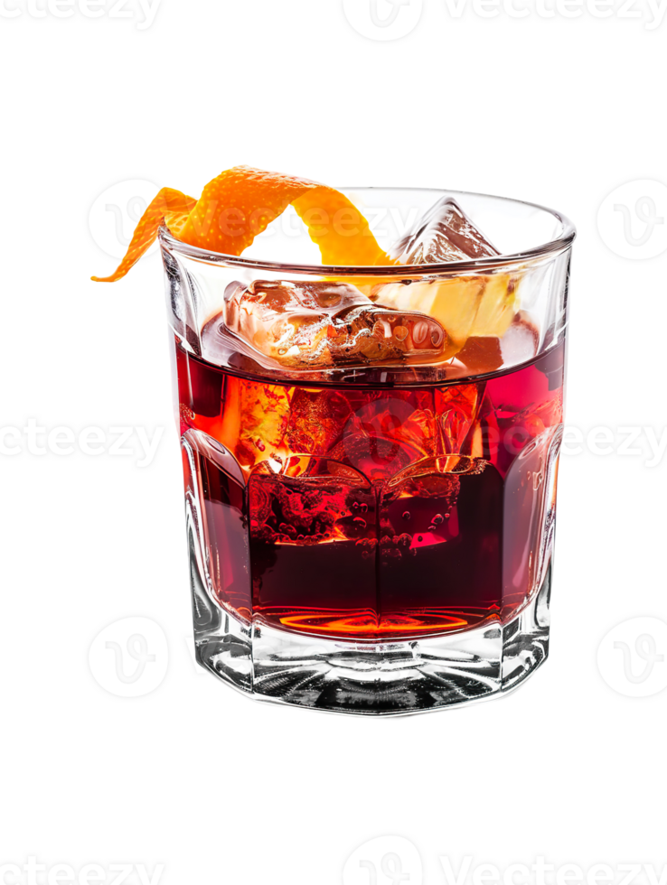 Boulevardier cocktail with orange twist garnish transparent isolated background. Mixology, bar menu, colorful vibrant refreshing drink in rocks glass png