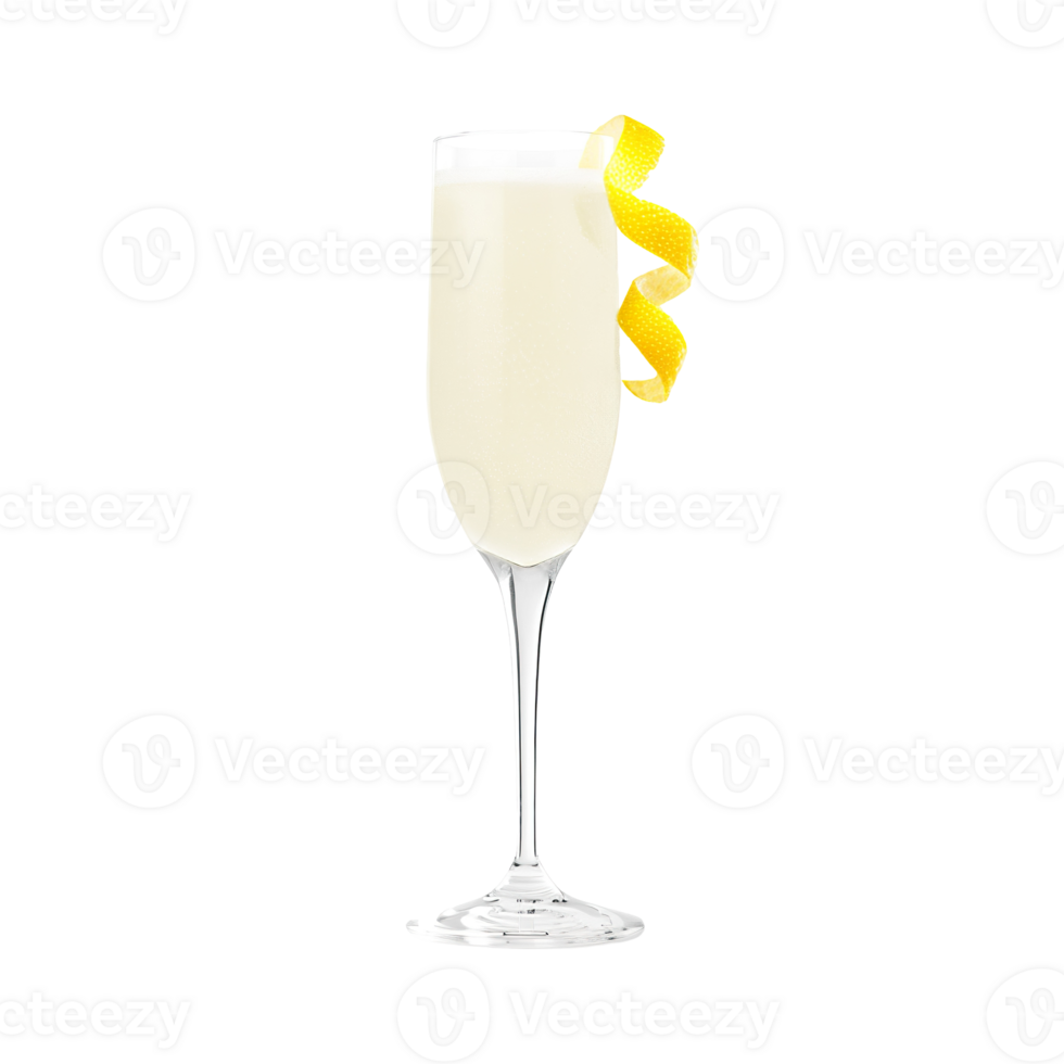 French 75 cocktail with lemon spiral garnish transparent isolated background. Mixology, bar menu, colorful vibrant refreshing drink in flute glass png