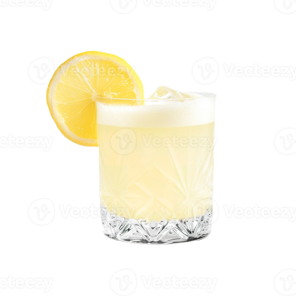 Gin Fizz cocktail with lemon wheel garnish transparent isolated background. Mixology, bar menu, colorful vibrant refreshing drink in old fashioned glass png