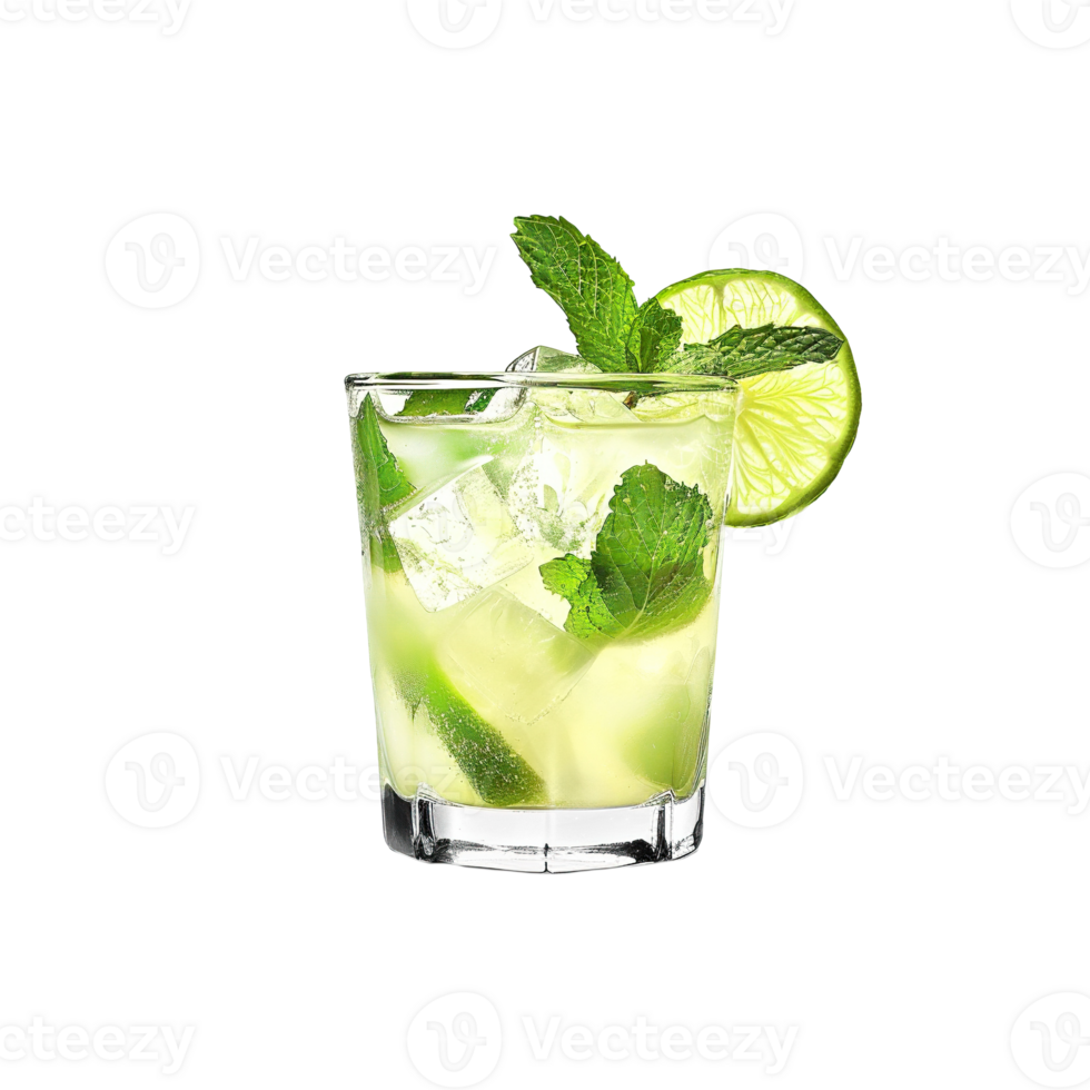 Mojito cocktail with lime wheel garnish transparent isolated background. Mixology, bar menu, colorful vibrant refreshing drink in old fashioned glass png
