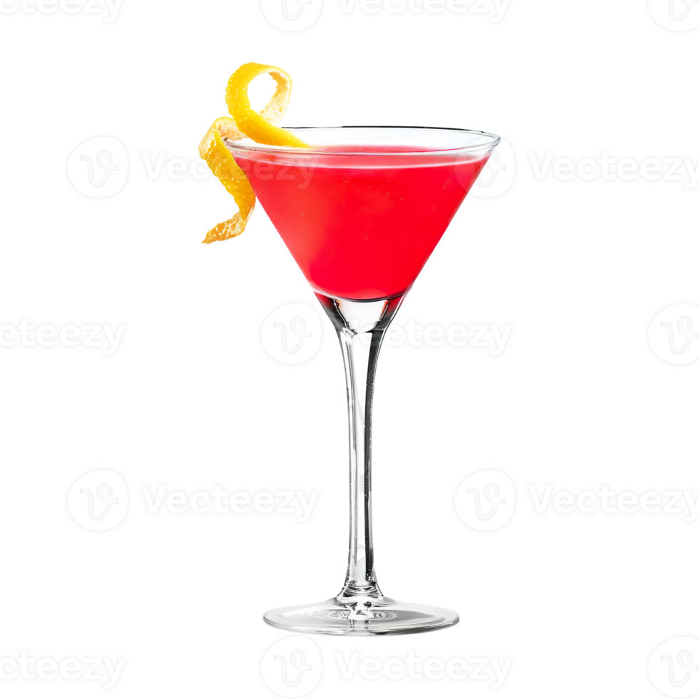 Cosmopolitan cocktail with lemon spiral garnish transparent isolated background. Mixology, bar menu, colorful vibrant refreshing drink in martini glass png