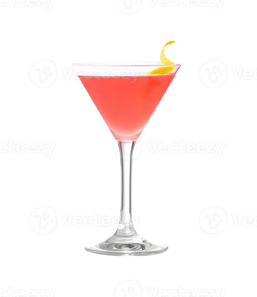 Cosmopolitan cocktail with lemon twist garnish transparent isolated background. Mixology, bar menu, colorful vibrant refreshing drink in martini glass png