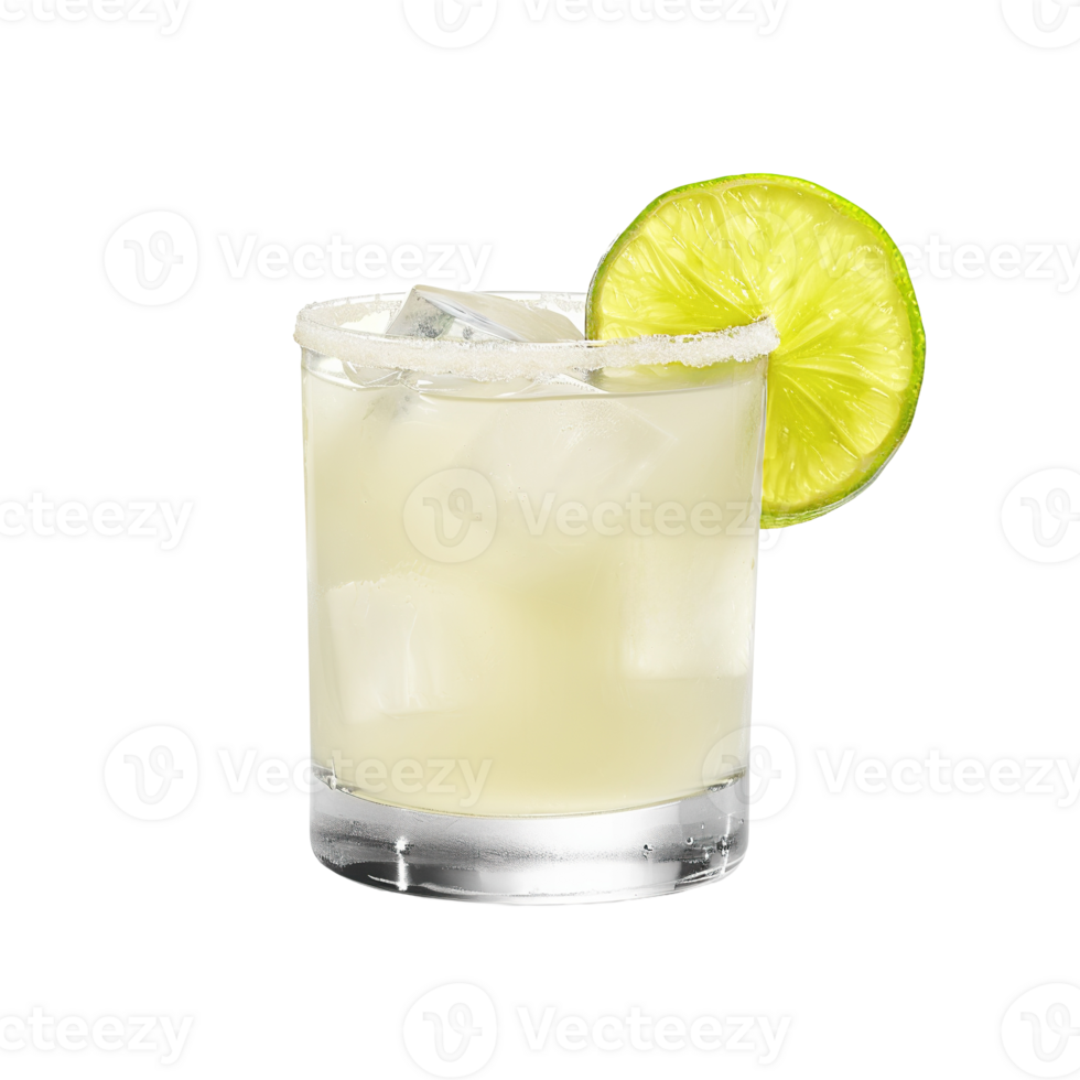 Classic Margarita cocktail with lime wheel garnish transparent isolated background. Mixology, bar menu, colorful vibrant refreshing drink in old fashioned glass png