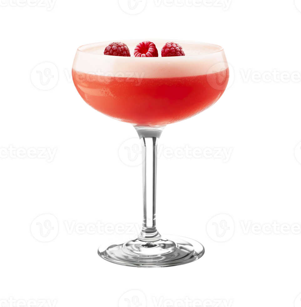Clover Club cocktail with raspberry garnish transparent isolated background. Mixology, bar menu, colorful vibrant refreshing drink in coupe saucer glass, elegant png