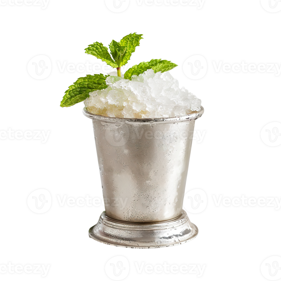 Mint Julep cocktail with mint sprig garnish transparent isolated background. Mixology, bar menu, colorful vibrant refreshing drink in steel julep cup, crushed ice png