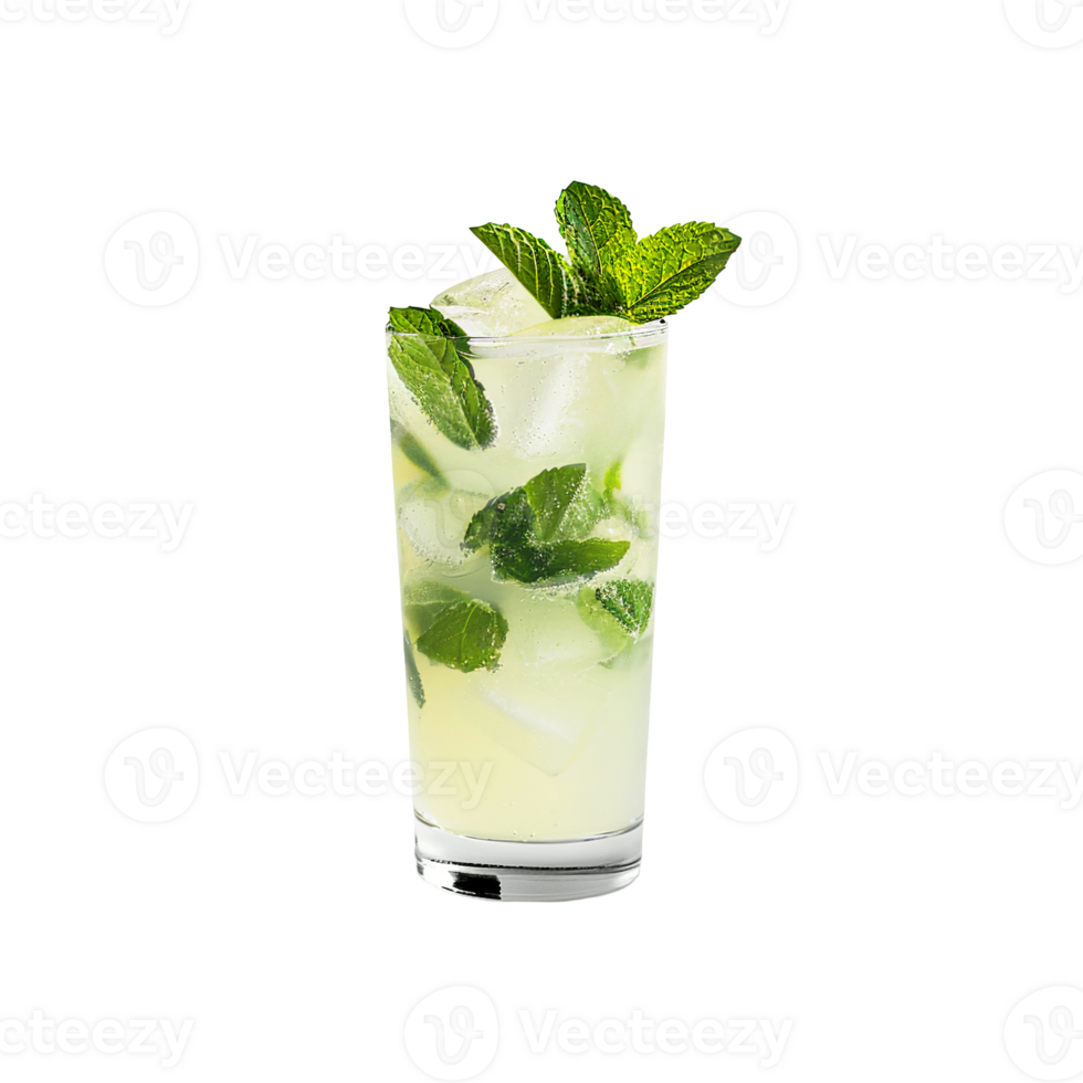 Mojito cocktail with mint sprig garnish transparent isolated background. Mixology, bar menu, colorful vibrant refreshing drink in highball glass png