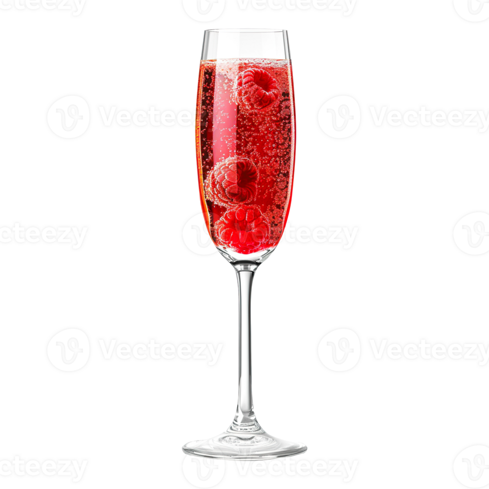 Kir Royale cocktail with raspberry garnish transparent isolated background. Mixology, bar menu, colorful vibrant refreshing drink in flute glass png