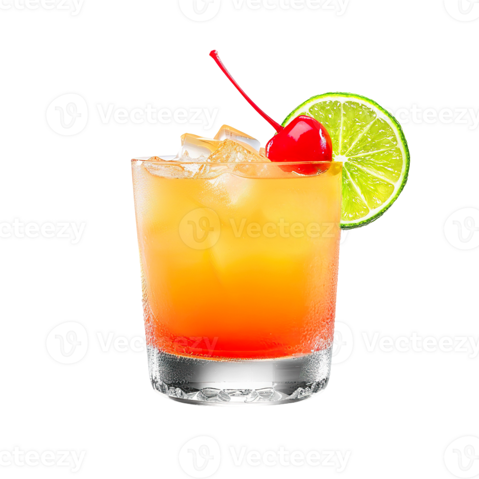 Rum Punch cocktail with lime wheel garnish transparent isolated background. Mixology, bar menu, colorful vibrant refreshing drink in old fashioned glass png