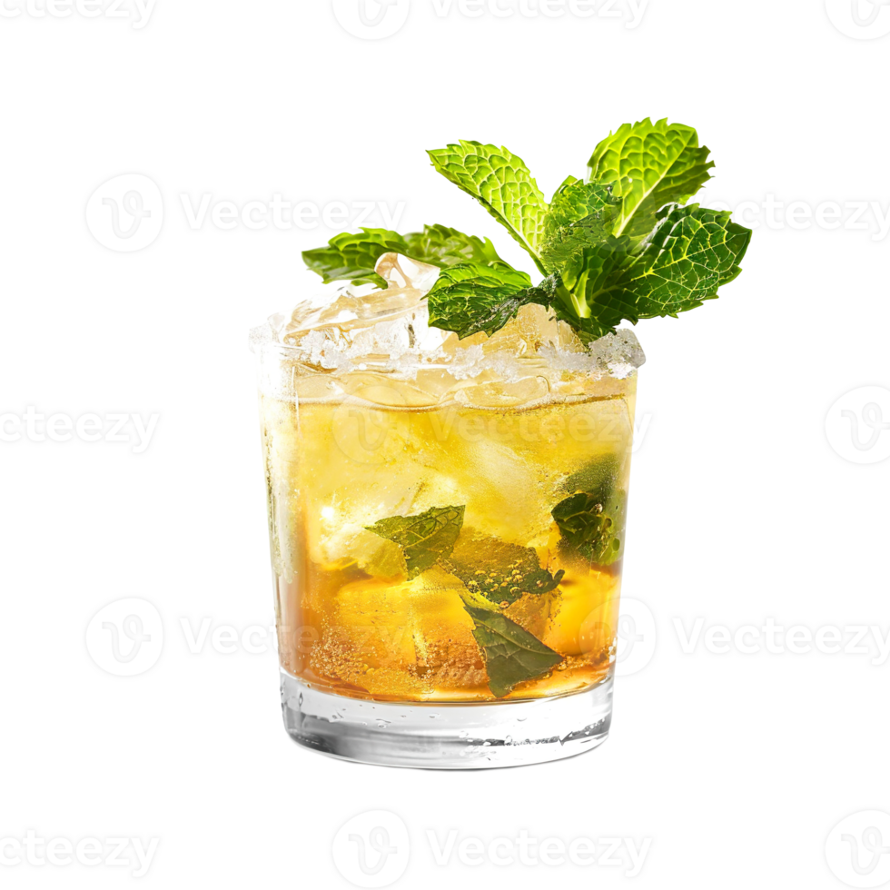 Mint Julep cocktail with mint sprig garnish transparent isolated background. Mixology, bar menu, colorful vibrant refreshing drink in old fashioned png