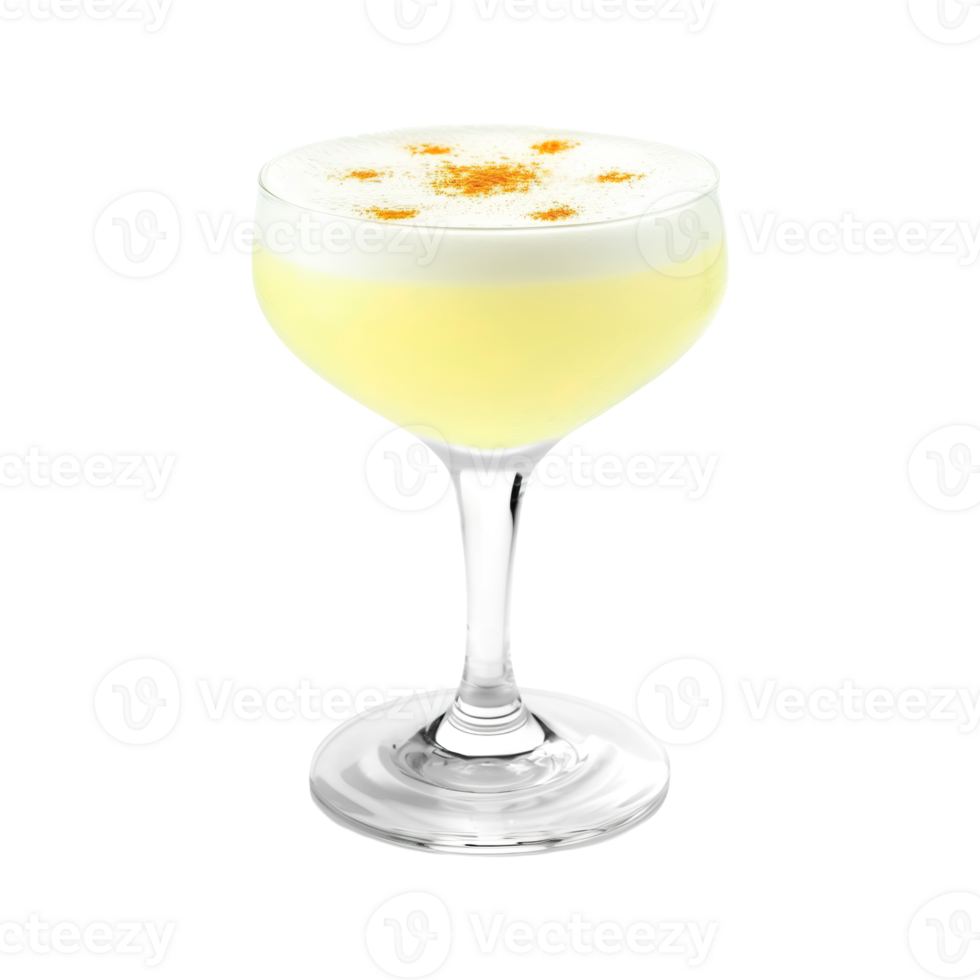 Pisco Sour cocktail with bitters drop garnish transparent isolated background. Mixology, bar menu, colorful vibrant refreshing drink in coupe saucer glass png