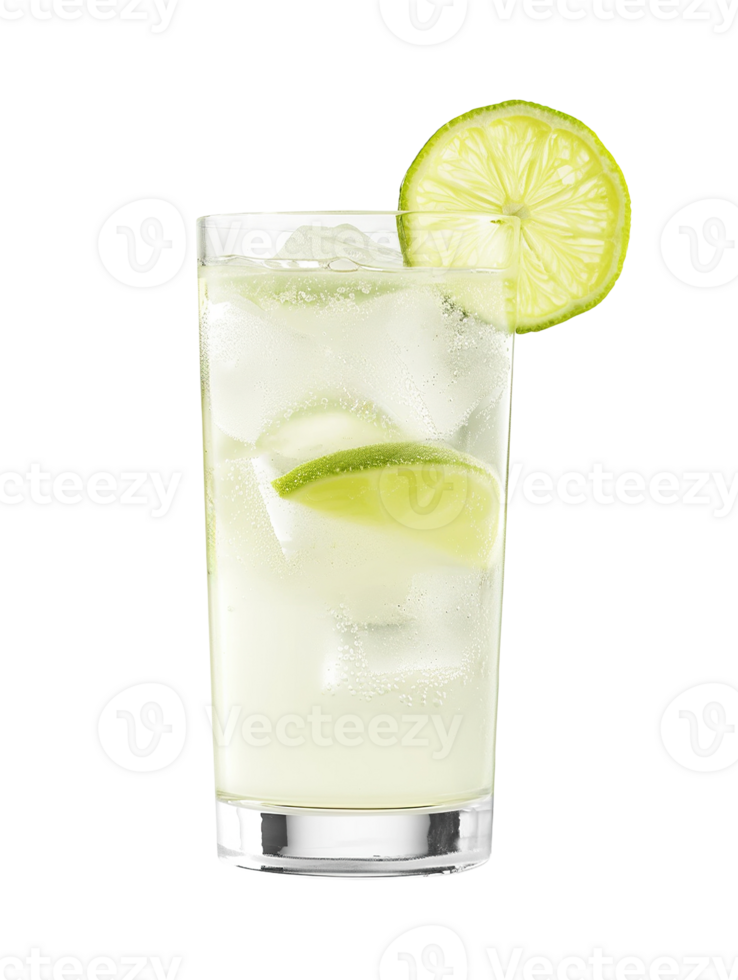 Gin Rickey cocktail with lime wheel garnish transparent isolated background. Mixology, bar menu, colorful vibrant refreshing drink in highball tumbler glass png
