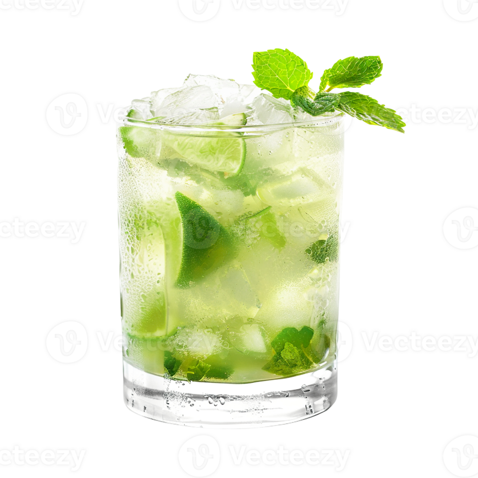 Caipirinha cocktail with mint sprig garnish transparent isolated background. Mixology, bar menu, colorful vibrant refreshing drink in old fashioned png