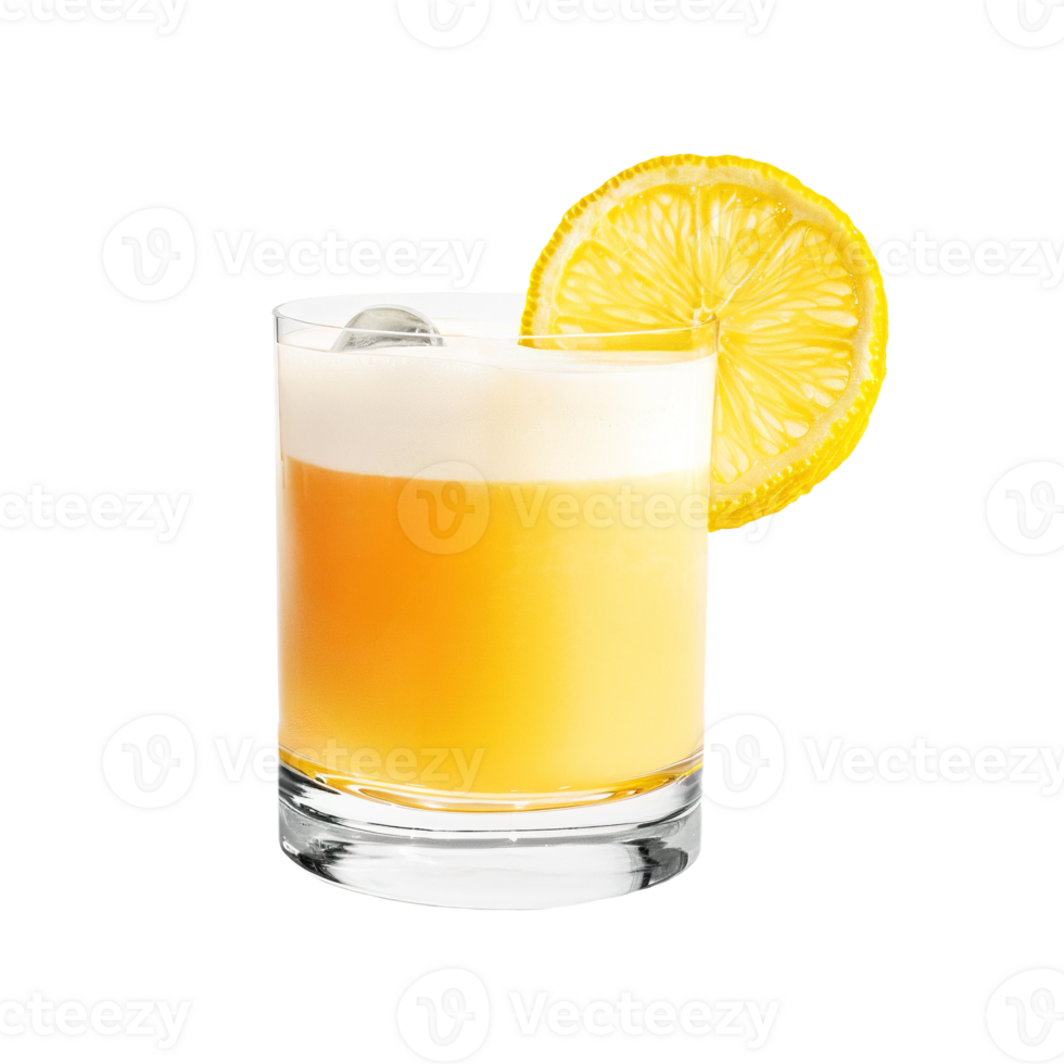 Amaretto Sour cocktail with lemon wheel garnish transparent isolated background. Mixology, bar menu, colorful vibrant refreshing drink in old fashioned glass png