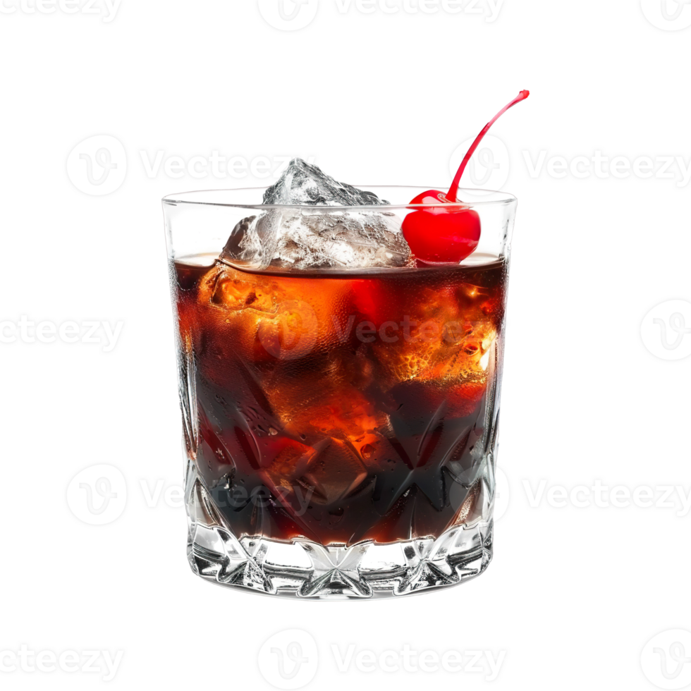 Black Russian cocktail with maraschino cherry garnish transparent isolated background. Mixology, bar menu, colorful vibrant refreshing drink in old fashioned glass png