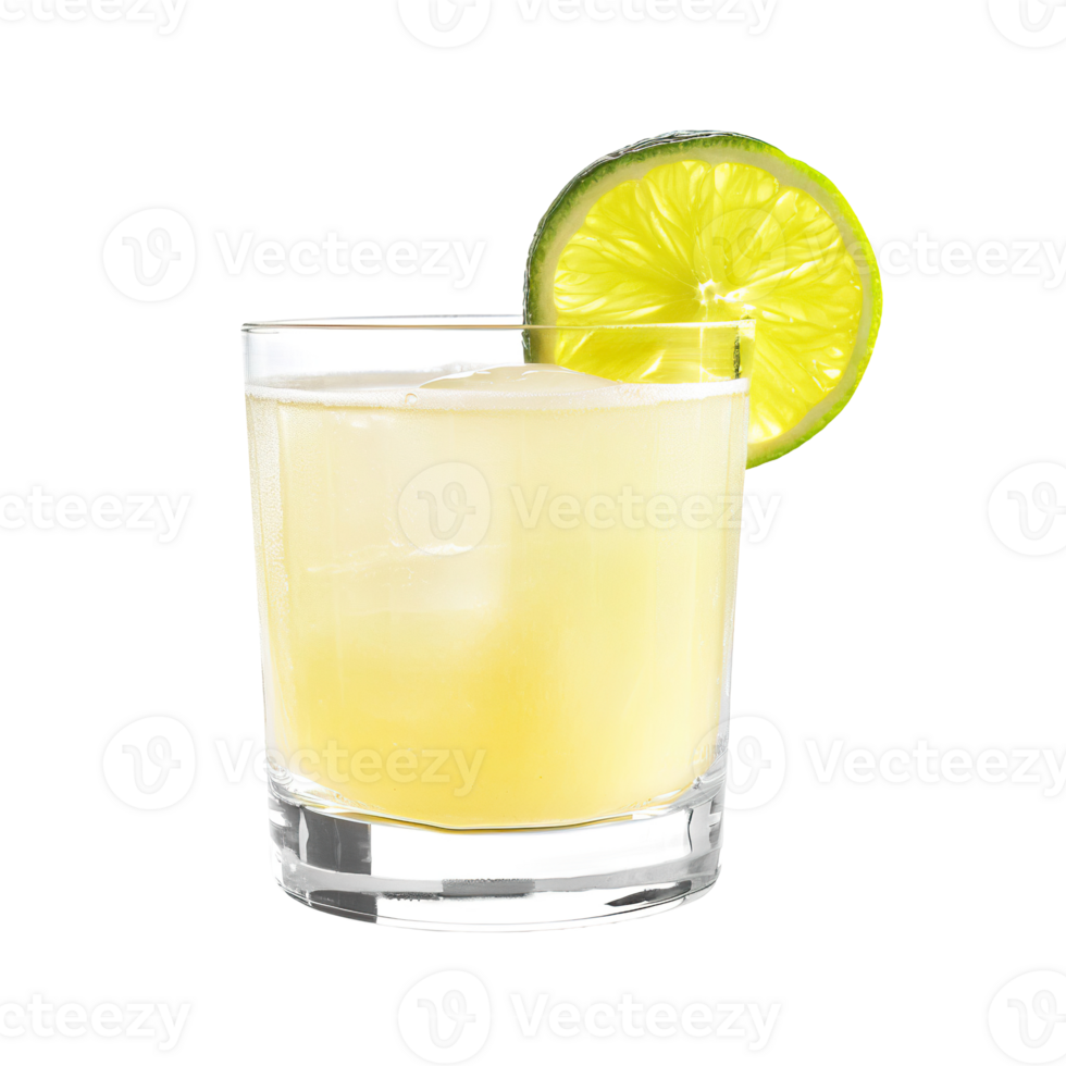 Canchanchara cocktail with lime wheel garnish transparent isolated background. Mixology, bar menu, colorful vibrant refreshing drink in old fashioned glass png
