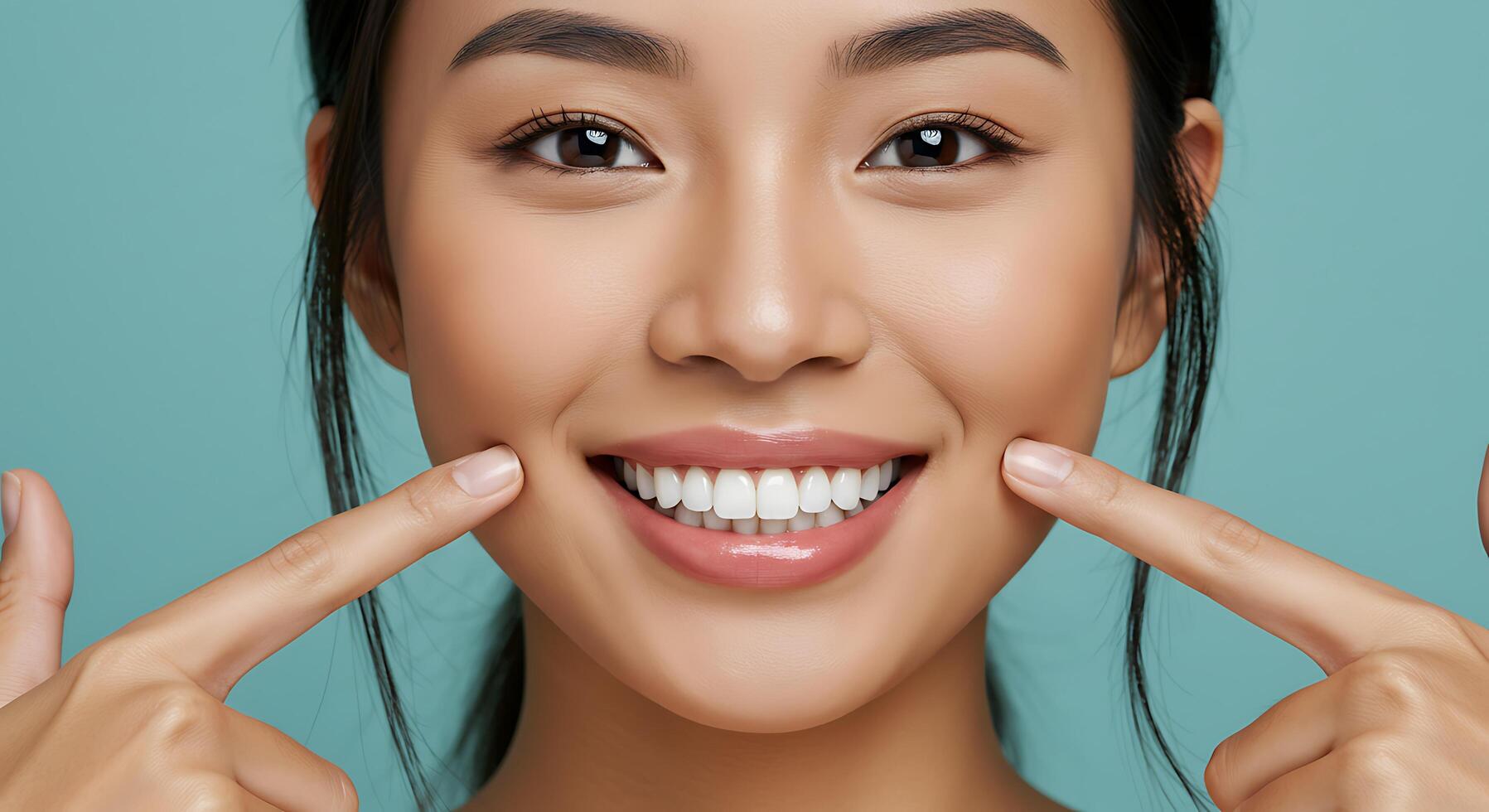 A Joyful Young Woman Showcasing Her Bright Smile on Teal Background - Generated using AI photo