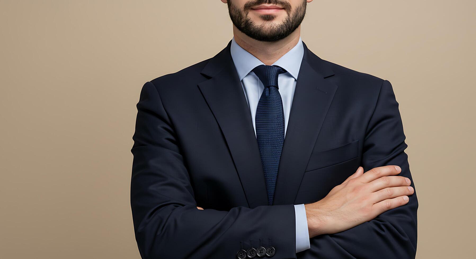 Professional Businessman in Navy Suit with Crossed Arms - Generated using AI photo