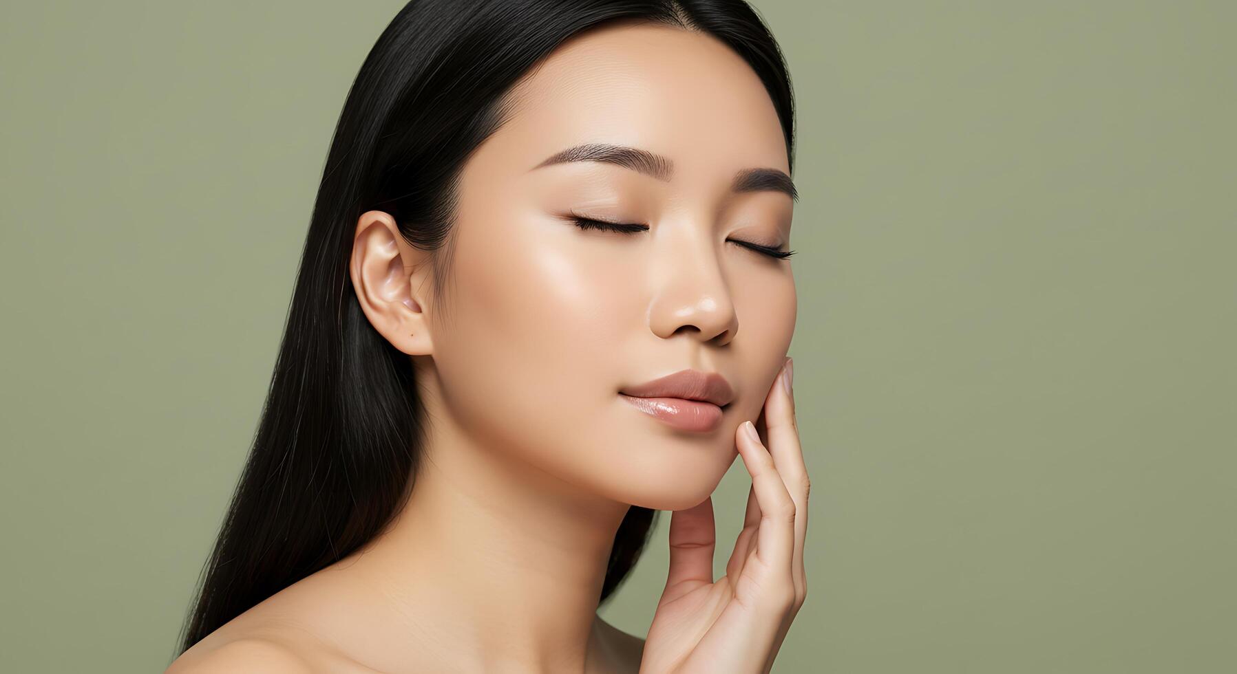 Serene Asian Woman with Radiant Skin in Tranquil Pose - Generated using AI photo