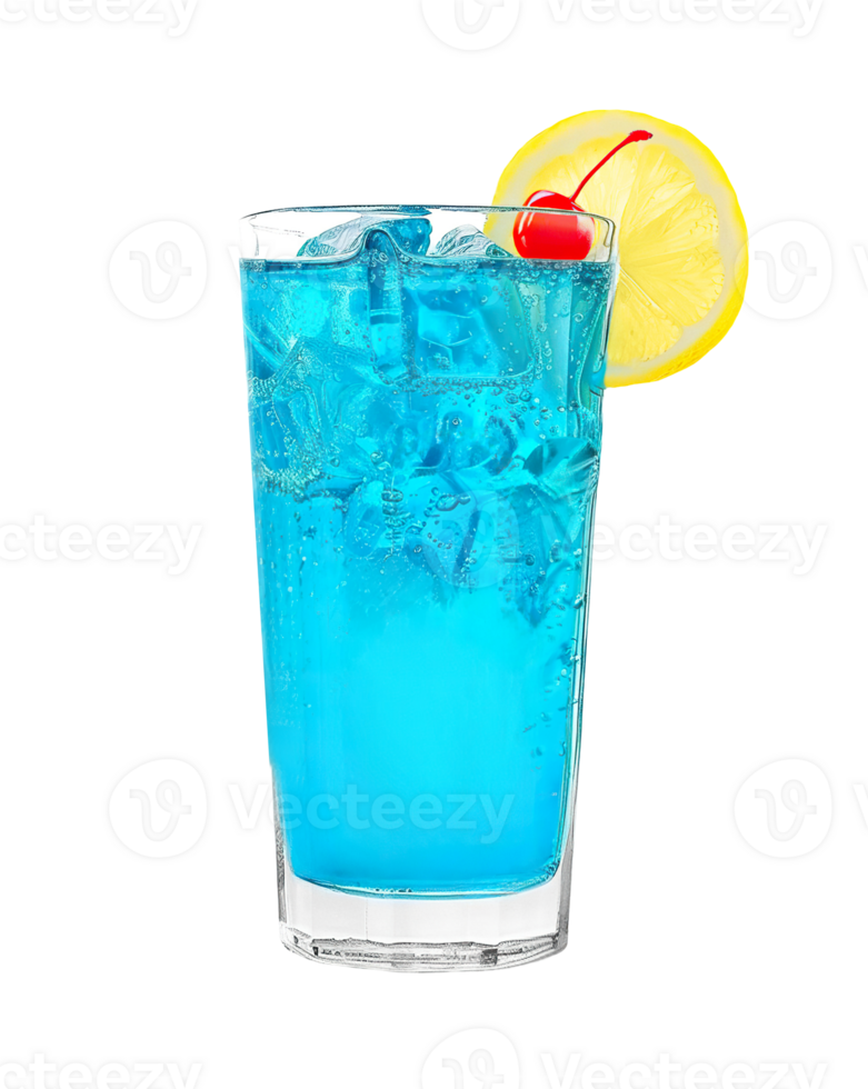 Blue Lagoon cocktail with lemon wheel garnish transparent isolated background. Mixology, bar menu, colorful vibrant refreshing drink in highball glass png