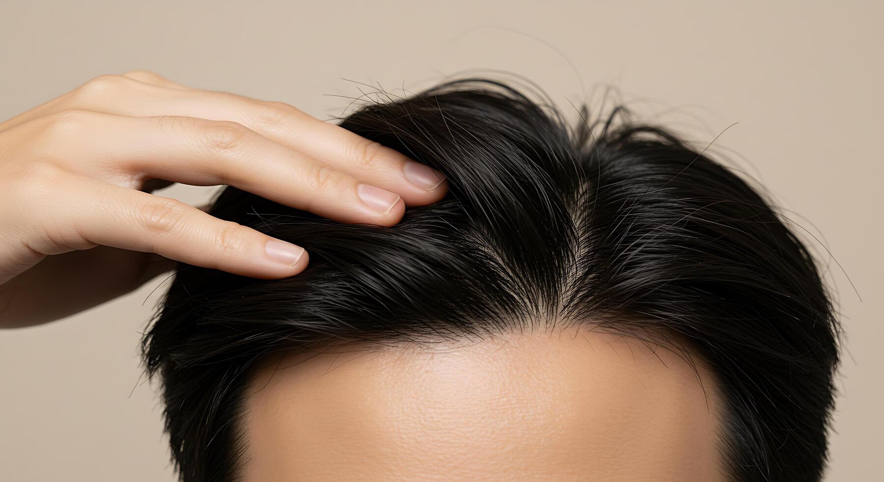 Asian man's hairline being checked for thinning, soft light - Generated using AI photo