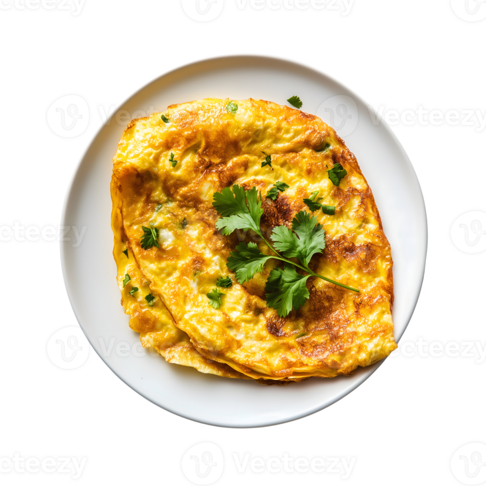 An omelet with parsley on a white plate png