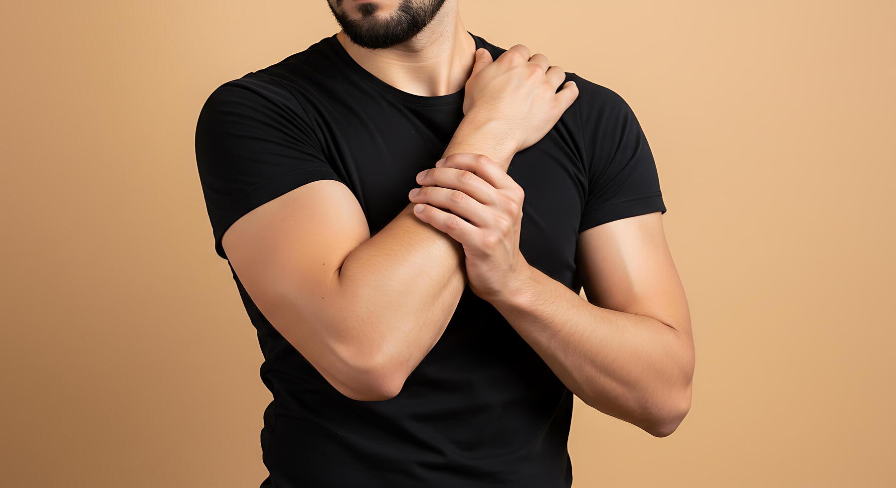 A man applies self-massage to his arm muscles on a peach backdrop - Generated using AI photo
