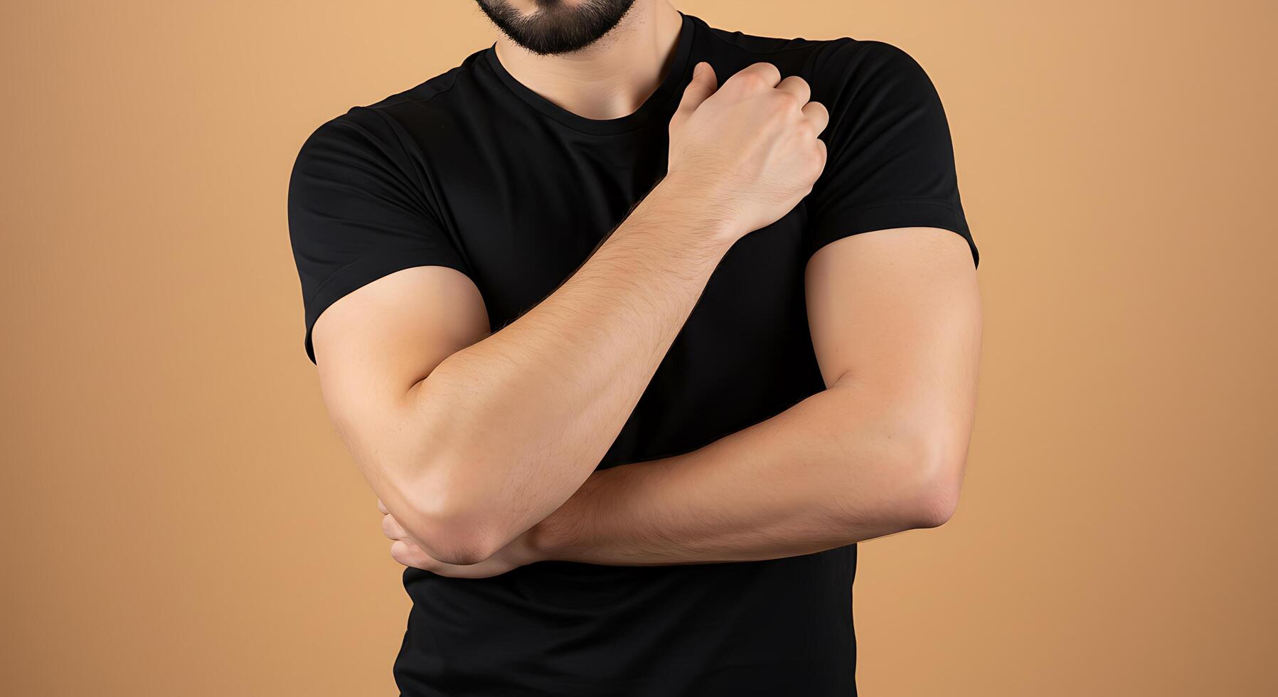 A man in a black t-shirt engages in self-care through muscle massage - Generated using AI photo