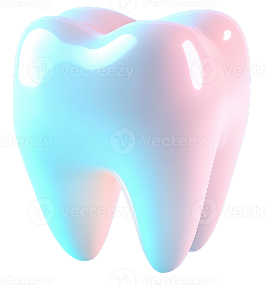 glossy 3D illustration of white tooth with blue and pink gradient background, symbolizing dental health and hygiene png