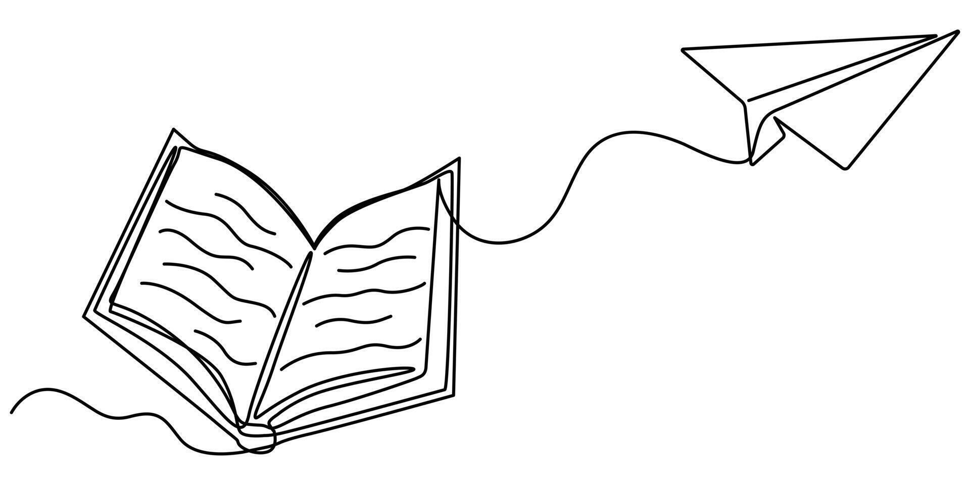 Book with flying paper airplane continuous one line drawing education linear symbol vector