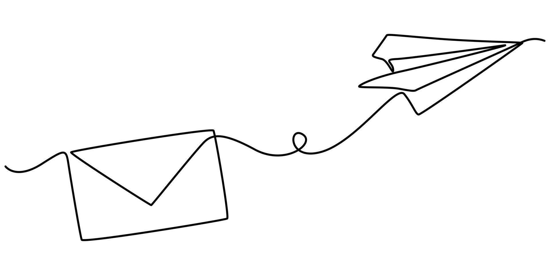 Continuous one line drawing of envelope mail with airplane paper minimal illustration vector