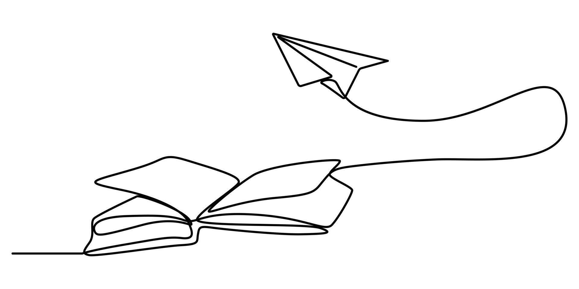 Book with flying paper airplane continuous line drawn Education linear symbol illustration isolated on white vector