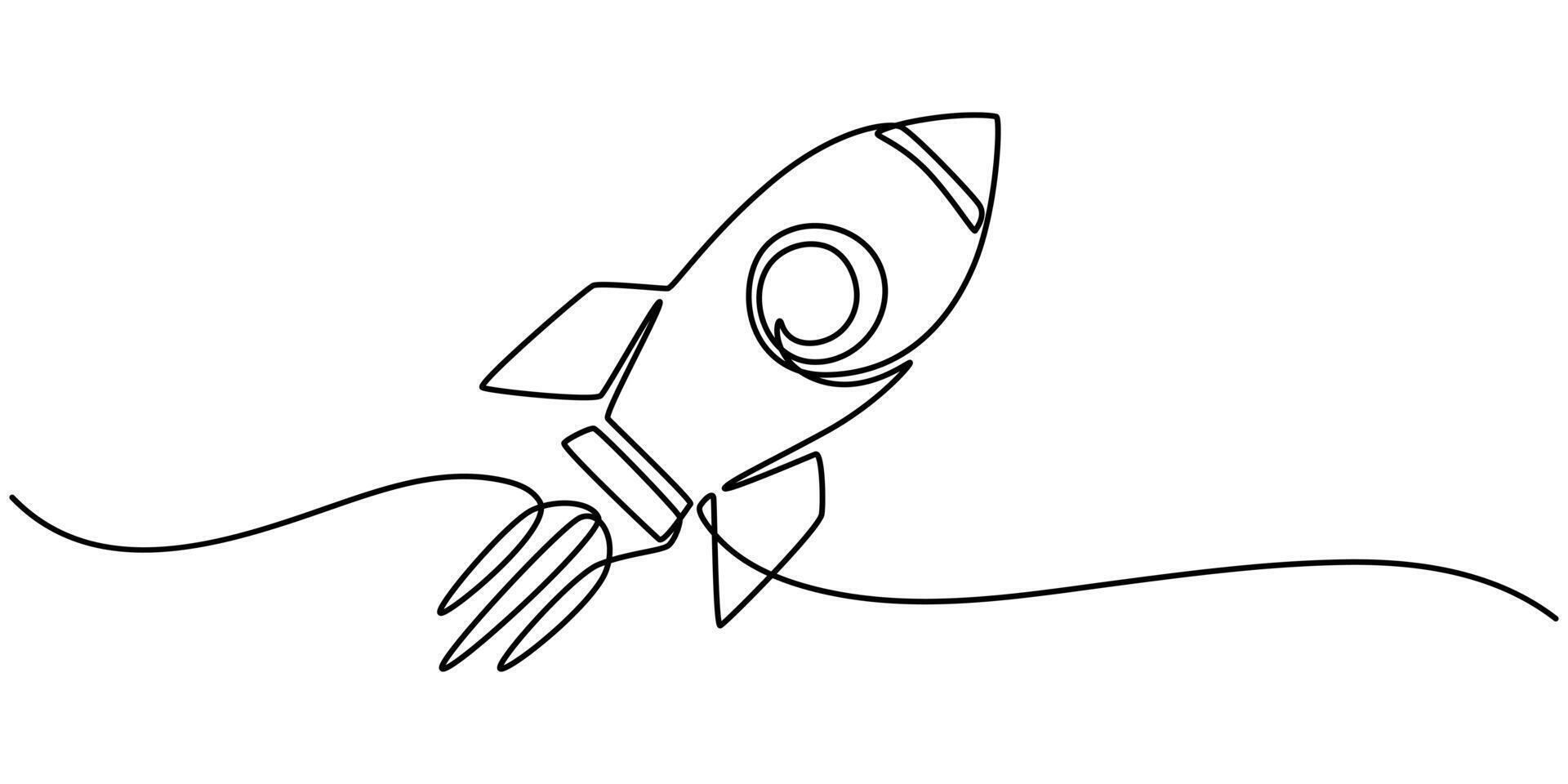continuous one line drawing editable of a retro spaceship flying upwards vector
