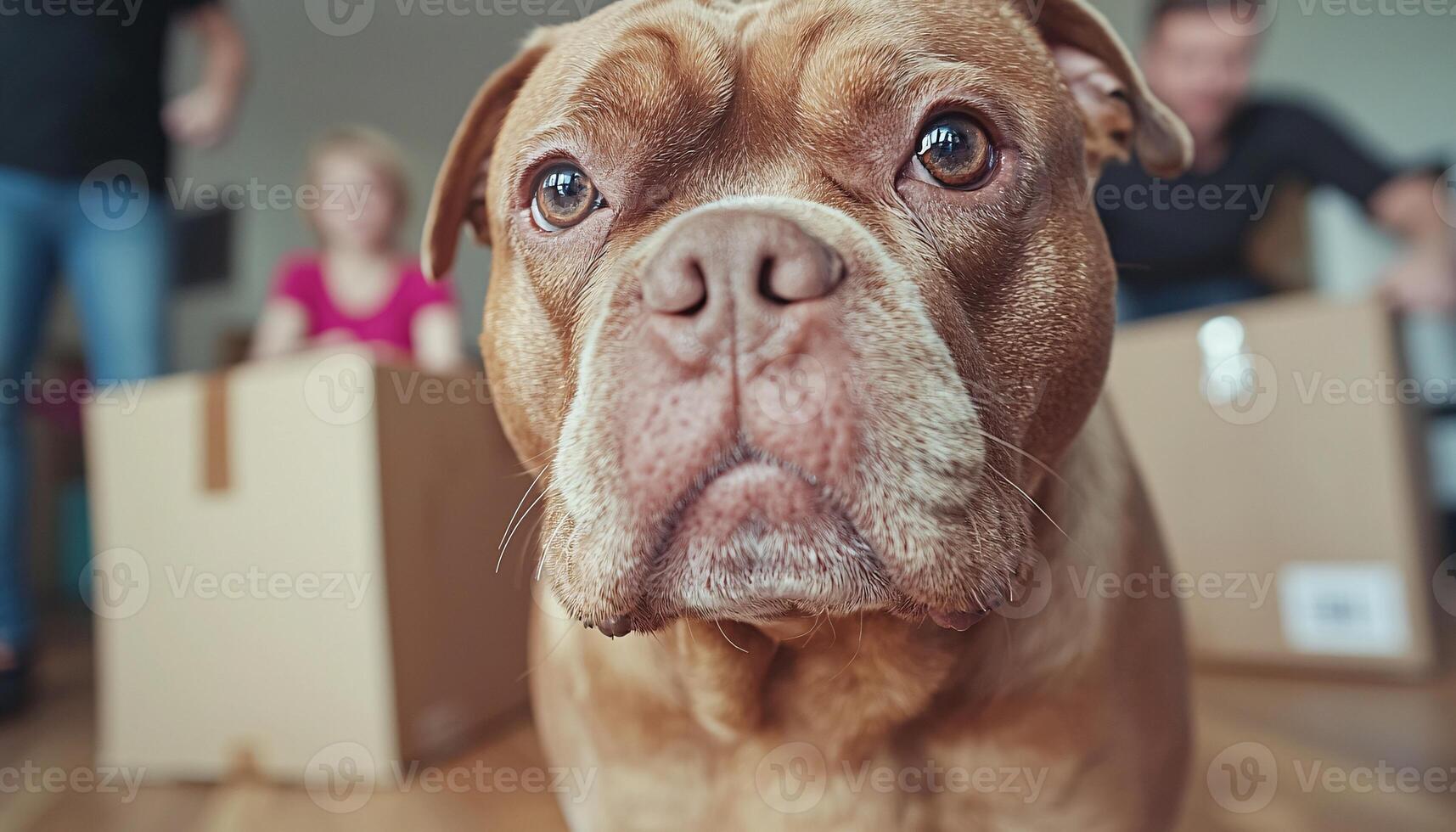 Close-Up of Brown Dog with Family Unpacking Boxes in Background photo