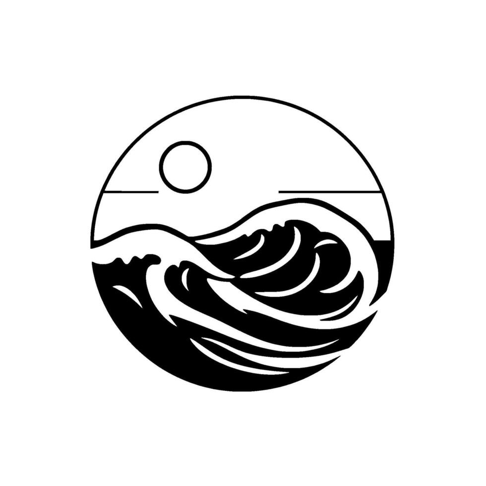 Minimalist Black and White Circular Ocean Waves, Sun, and Horizon Line, Evoking Tranquility and Coastal Vibes. vector