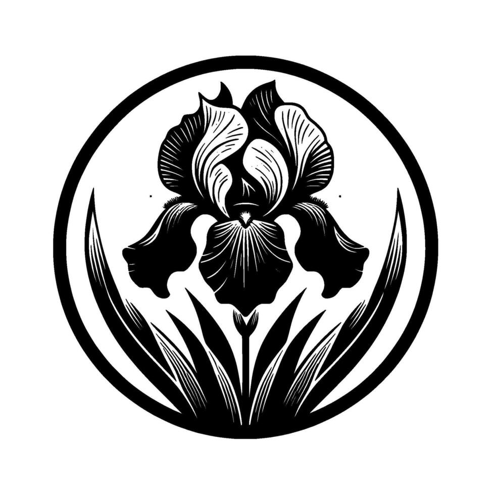 Intricate Black and White Floral Crest Stylized Iris Bloom, Leafy Base, Circular Frame, Detailed Botanical . vector