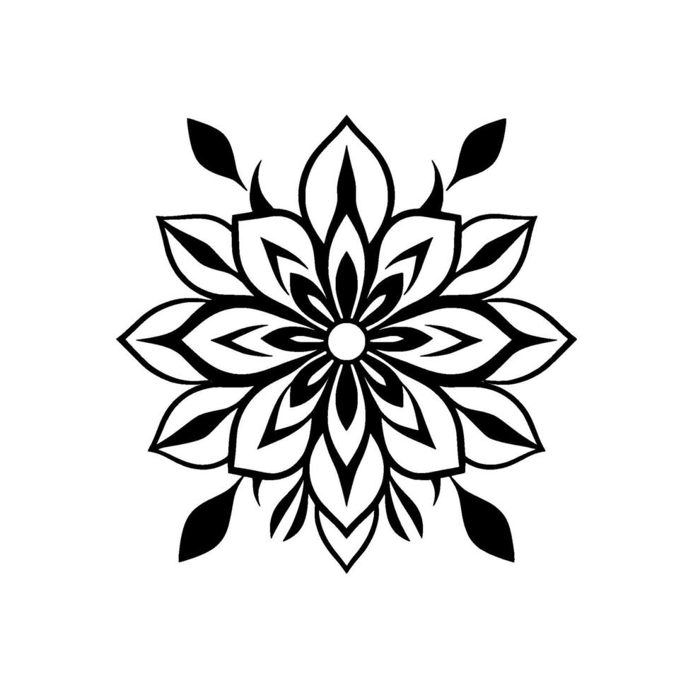 Intricate Black and White Floral Mandala, Symmetrical, Elegant with Layered Petals and Leaf Accents, Isolated on White. vector