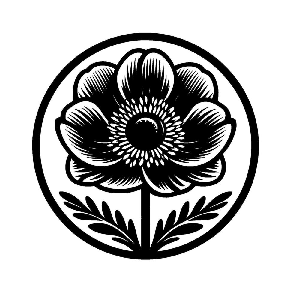 Bold, Stylized Black White Floral Within a Circular Frame, Featuring Detailed Petals and Leaves, Isolated on White. vector