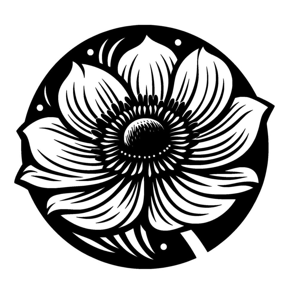 Bold Black and White Floral Mandala, Intricate Petal Detail within a Circular Frame, Isolated on White. vector