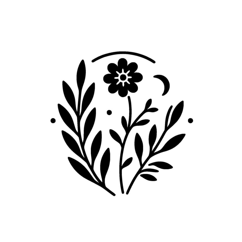Minimalist Black and White Floral Illustration A Delicate Flower, Leaves, and Crescent Moon Inside Circular Border with Dots. vector
