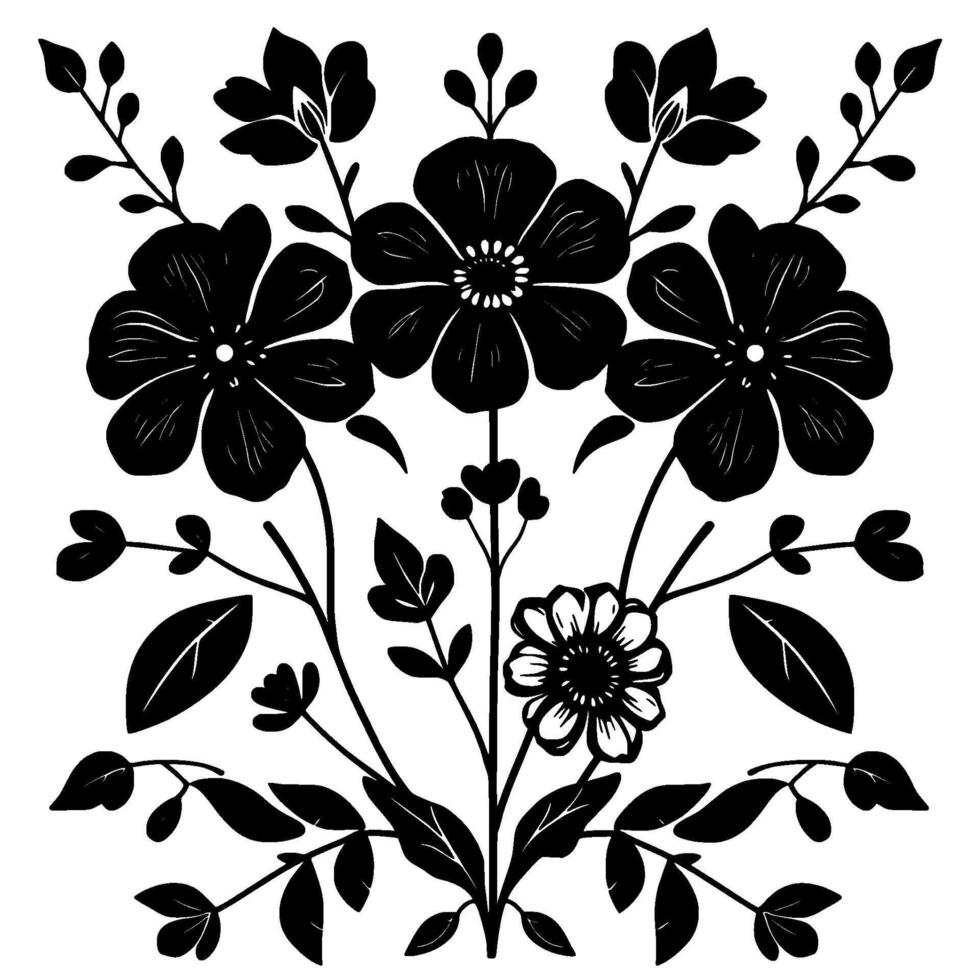 Symmetrical Black Floral Arrangement on White, Botanical Illustration, Detailed Blossom with Foliage, Elegant Silhouette. vector