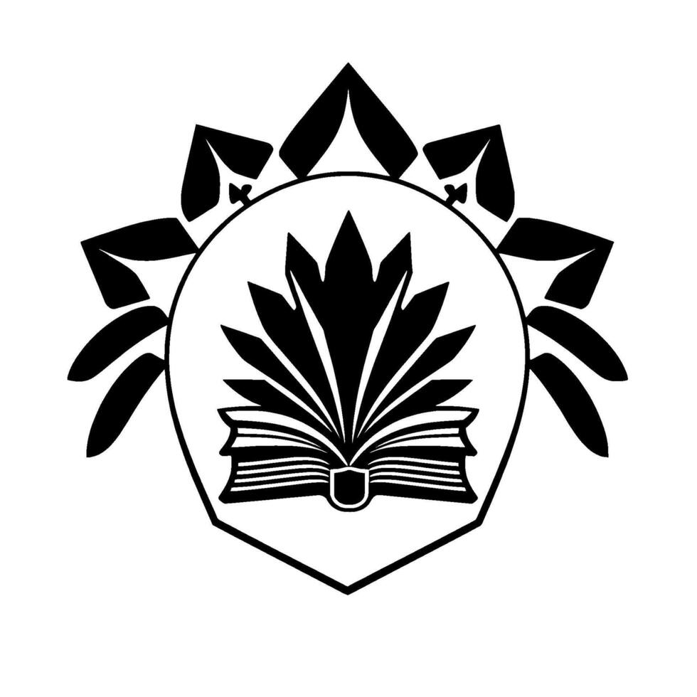 A black and white emblem, featuring an open book with radiating stylized leaves, within a shield, encircled by a stylized floral element. vector