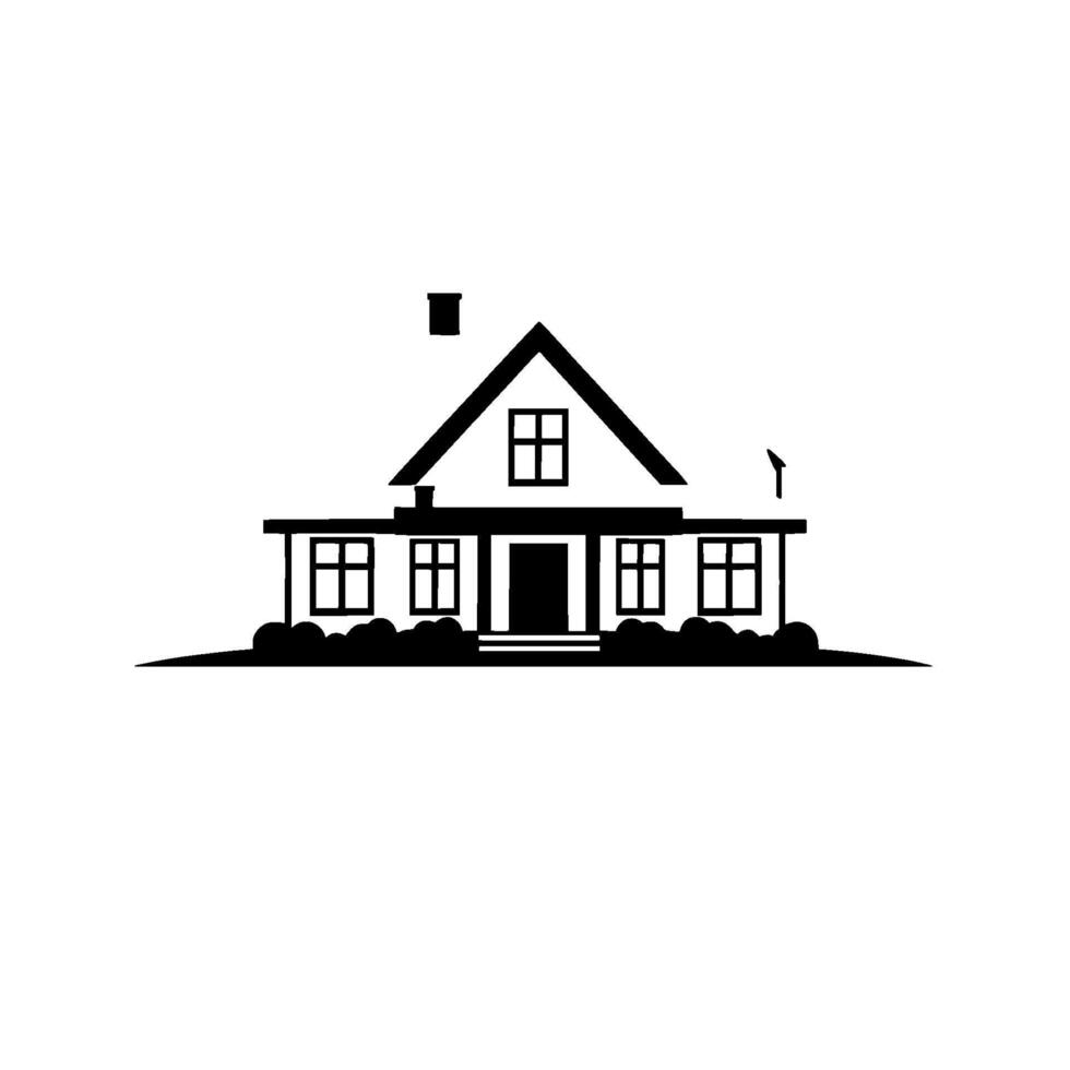 illustration of a classic house with a grey roof, chimney, windows, front door, and shrubbery, set against a clean white background. vector