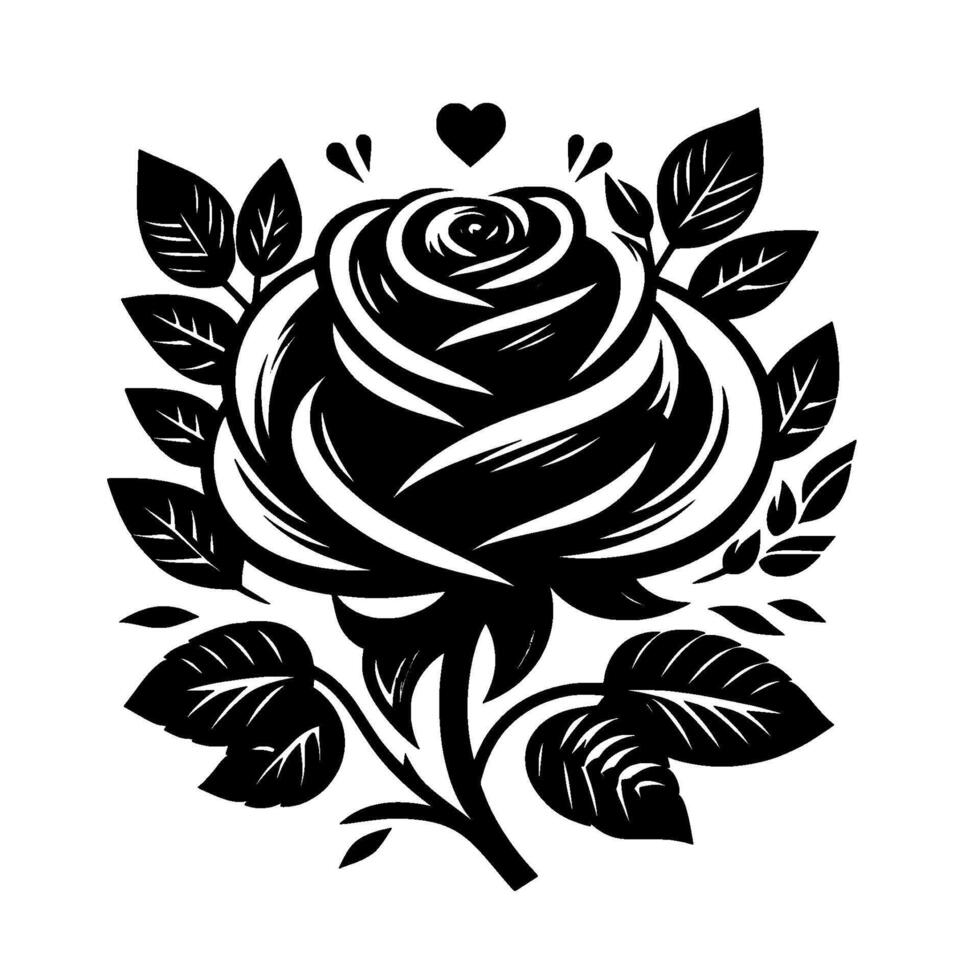 Bold Black and White Floral Illustration Stylized Rose with Leaves and Heart Accent on Clean Background, Art. vector
