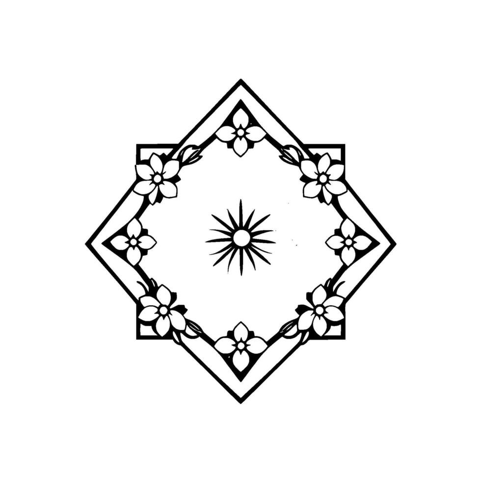 Geometric floral symmetrical black and white illustration featuring a central flower encompassed by a square floral frame. vector