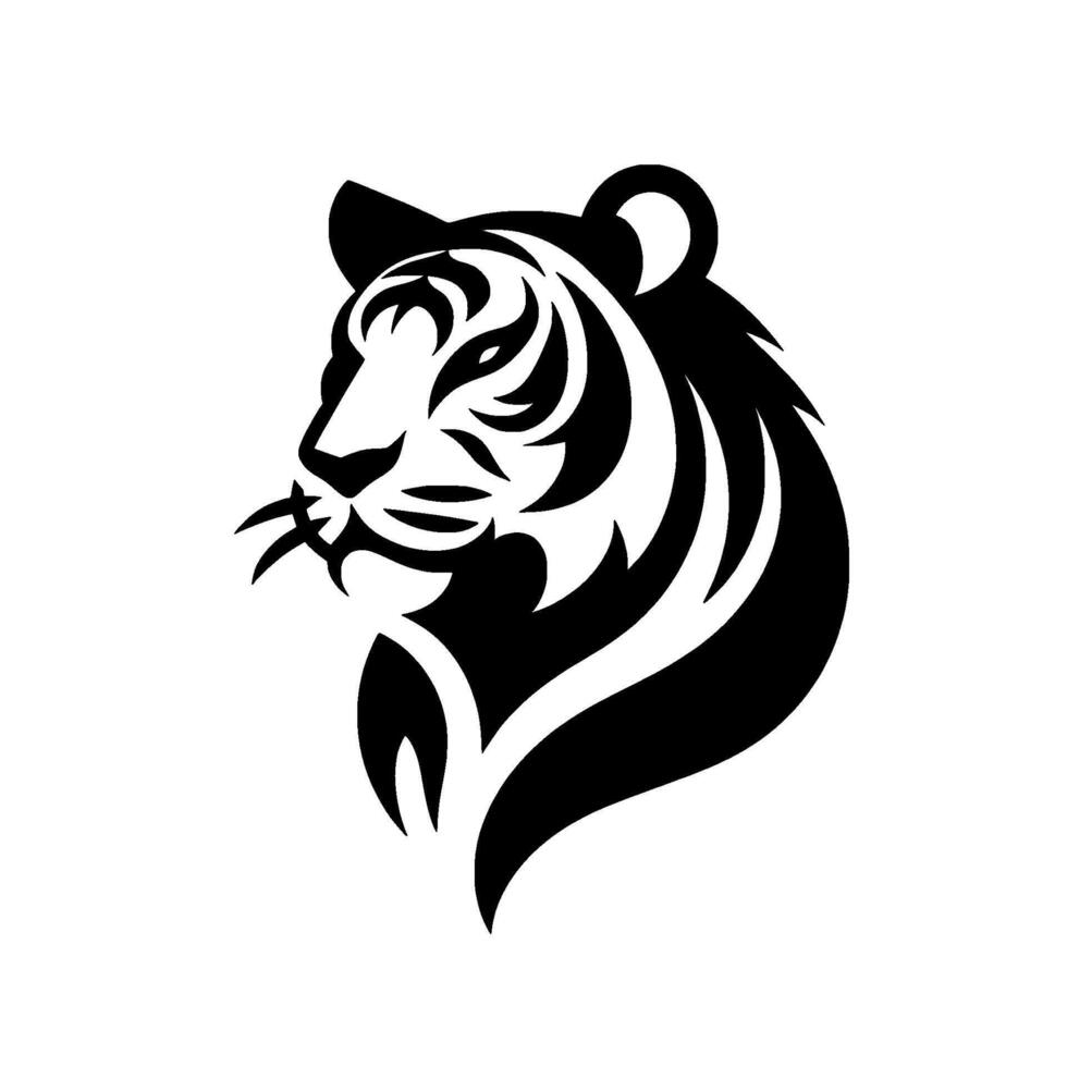 A sleek, minimalist black and white illustration of a tigers head, facing left, with stylized features and bold lines, set against a clean white background. vector
